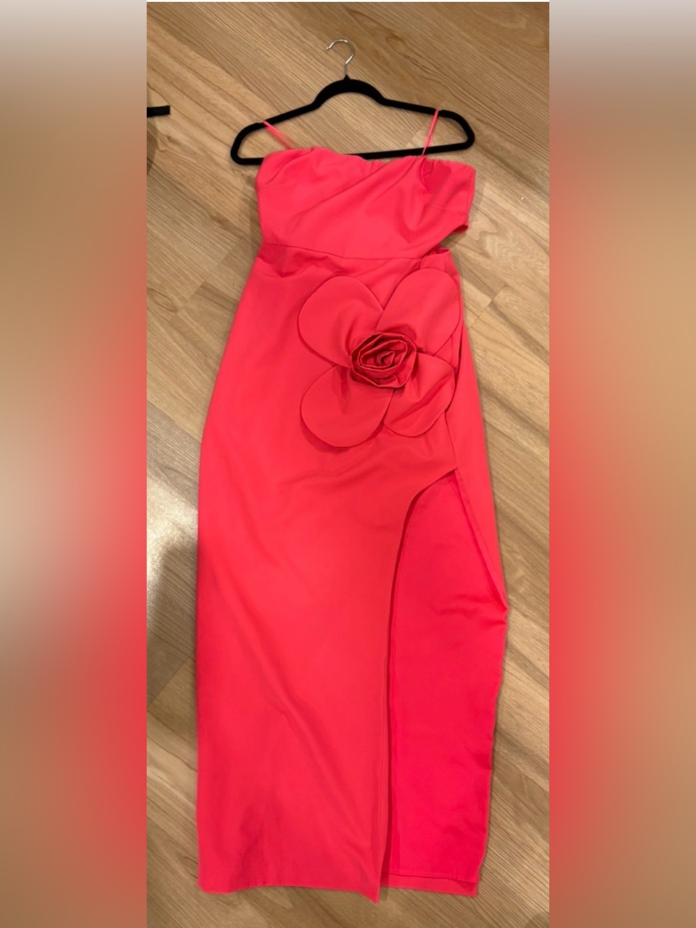 Badgley Mischka Vibrant Coral Strapless Pencil Dress with Sculpted Flower
